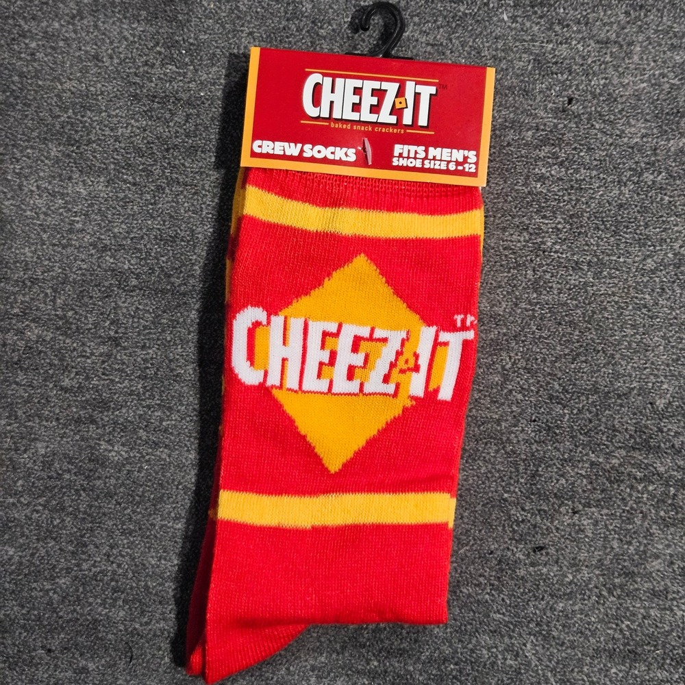 Cheez-It Men's Crew Socks Red Orange Logo Novelty Snack Food Size 6-12 NEW
